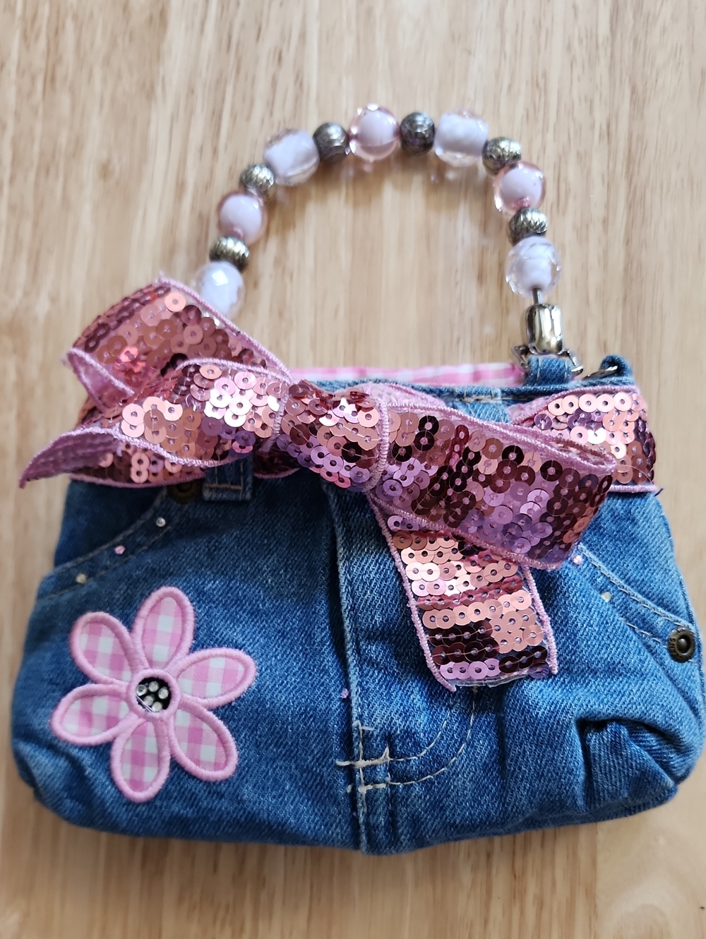 Vintage Y2K Mini Denim Bootie Bag Pink Sequin Gingham Beaded Handle Handbag